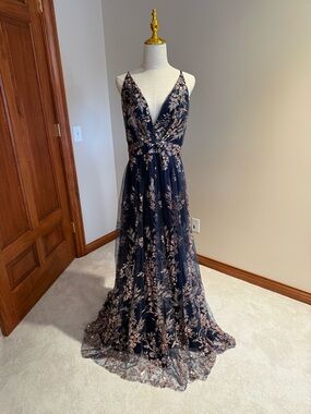 Soieblu Navy Dress with Rose Gold Floral Embroidery